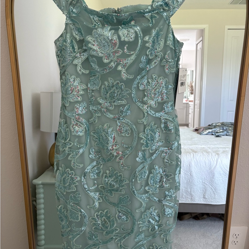 Adrianna Papell Seafoam Embroidered Lace Midi Dress